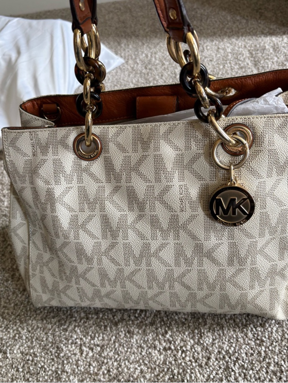 Michael Kors Cream & Brown Signature MK Tote with Gold Hardware
